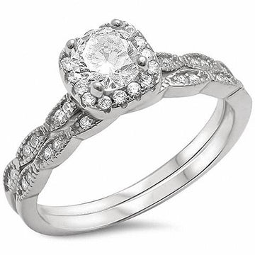 Vintage 2 Piece Wedding Ring Round Simulated CZ 925 Sterling Silver